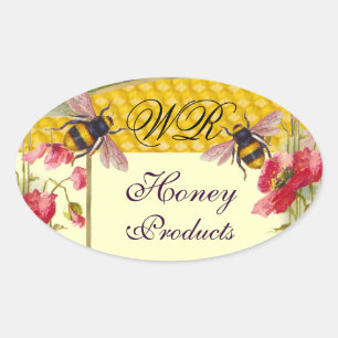STICKER OVALE HONEY BEEY BEEES ET ROUGE POPIES BEEKEEPER MONOGRA