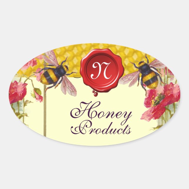 STICKER OVALE HONEY BEEY BEEES, POPIES, SCEAU ROUGE SEAL BEEKEEP (Devant)