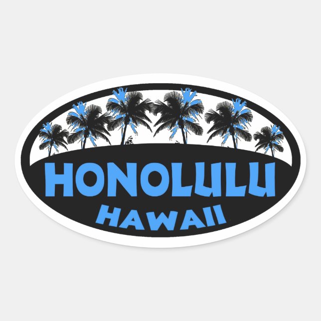 Sticker Ovale Honolulu Hawaii bleu palmiers noirs ovales autocol (Devant)