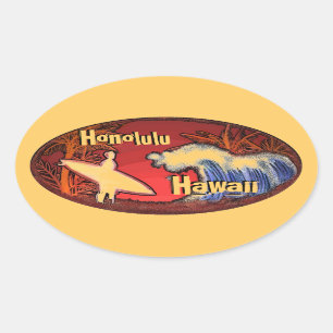 Sticker Ovale Honolulu Hawaii surfer vagues art orange autocolla