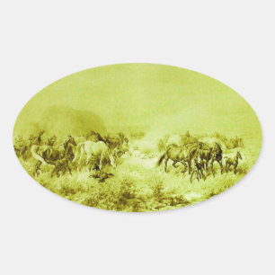 Sticker Ovale HORSES GRAZER, Olive Oval vert antique Oval