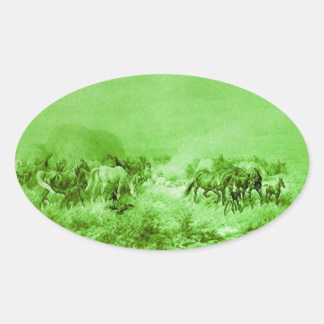 Sticker Ovale HORSES GRAZER, Ovale vert-clair antique (Devant)