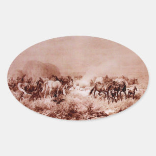 Sticker Ovale HORSES GRAZER, Sepia Brown antique Oval Sepia