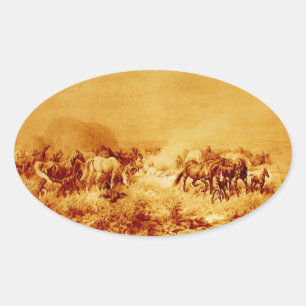 Sticker Ovale HORSES GRAZING ,Antique Orange Jaune Brown Oval