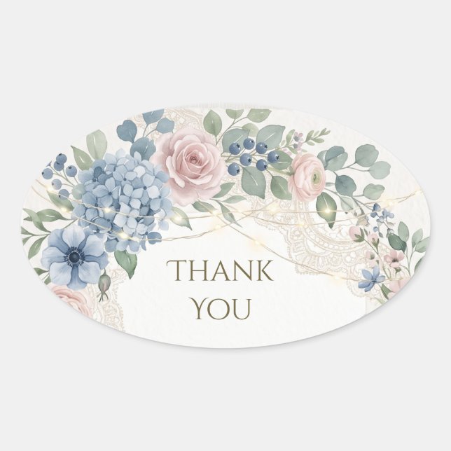 Sticker Ovale Hydrangea Rose Bleu Poussiéreux Merci Ovale (Devant)