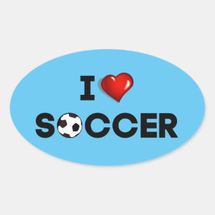 Sticker Ovale I Love Soccer, texte noir avec coeur rouge