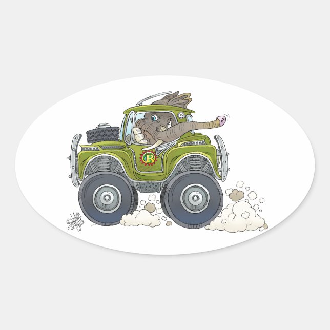 Sticker Ovale Illustration d'un éléphant conduisant une jeep. (Devant)