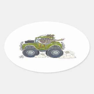 Sticker Ovale Illustration d'un éléphant conduisant une jeep.