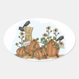 Sticker Ovale Illustration mignonne d'automne de citrouilles et