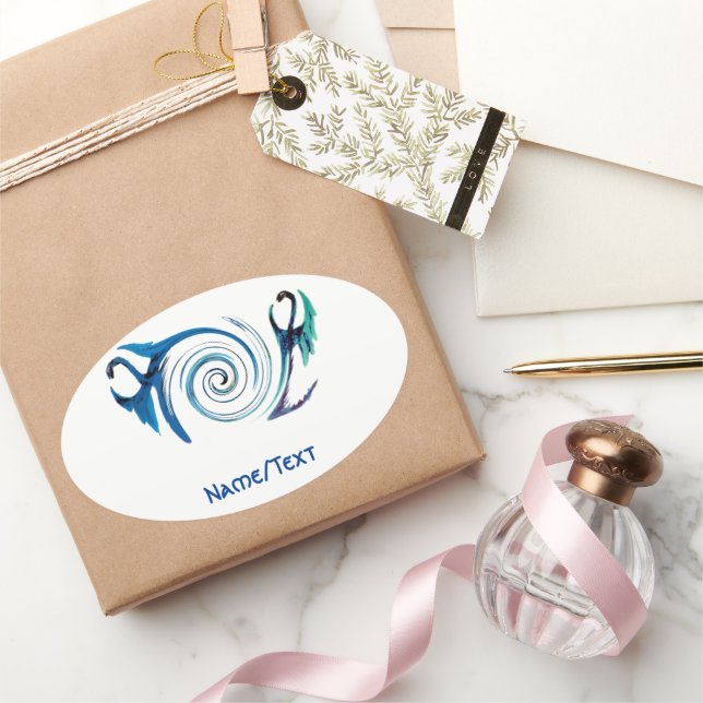 Sticker Ovale Imaginaire Bleu Dragons Mystique Personnalisé (Cadeaux)