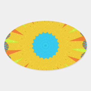 Sticker Ovale Impression Cyan et Gold Mandala Art