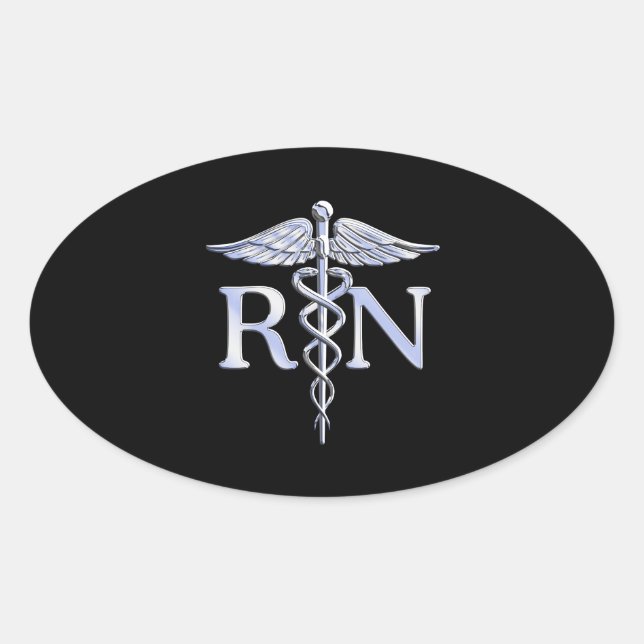 Sticker Ovale Infirmière inscrite RN Silver Caduceus Snakes Blac (Devant)