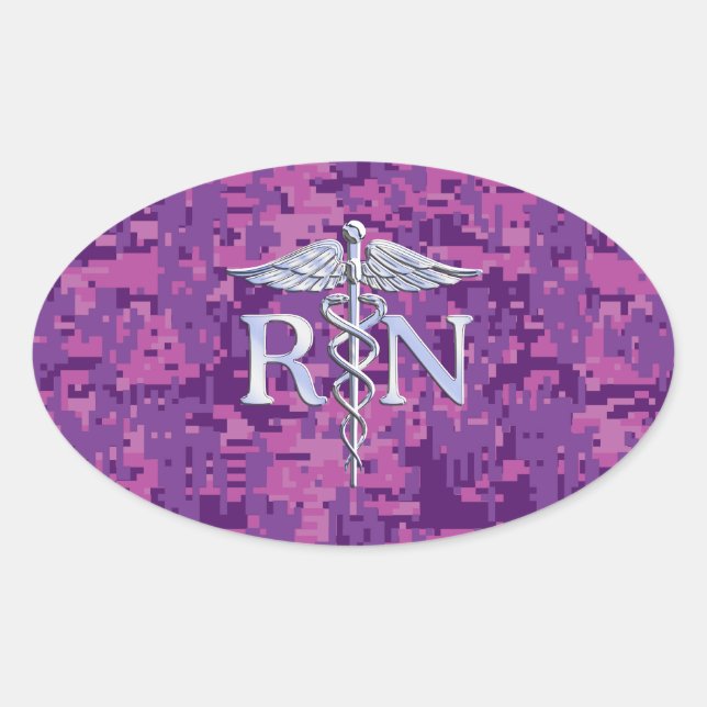 Sticker Ovale Infirmière inscrite RN Silver Caduceus sur Camo Ro (Devant)