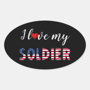 Sticker Ovale J'aime mon soldat, Coeur American Flag Typographie