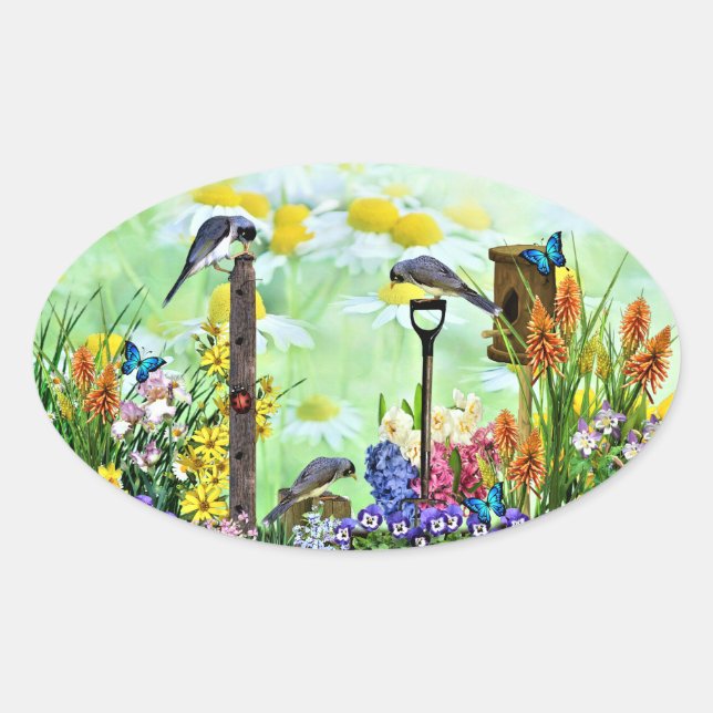 Sticker Ovale Jardin aux fleurs Birdhouse (Devant)