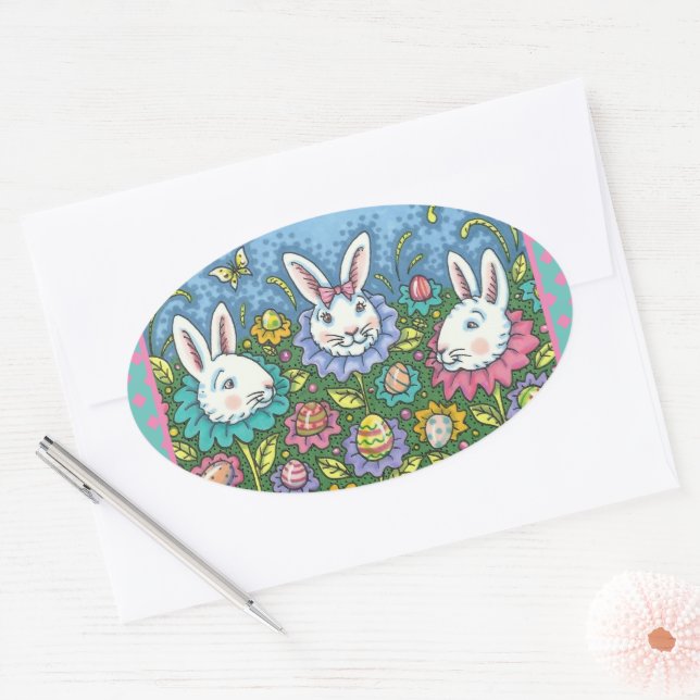 STICKER OVALE JARDIN D'OEUFS DE PÂQUES BLANCS, FLEURS DE RABBIT  (Enveloppe)
