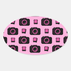 Sticker Ovale Joli style rétro Motif d'appareil photo noir rose