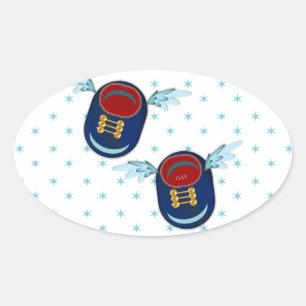 Sticker Ovale Jolies chaussures volantes ailées bleues et rouges