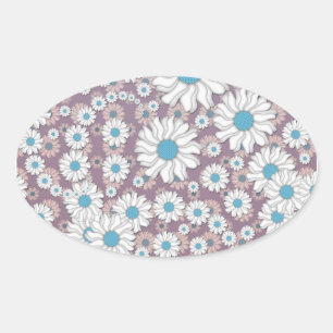 Sticker Ovale Jolies Marguerites Fantaisie Lavande Blanc Bleu