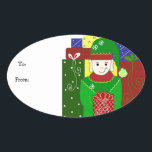 Sticker Ovale Jolly Christmas Elf<br><div class="desc">Un petit elfe mignon ou autrement connu comme père Noël aide. Vêtu d'un costume vert vif et d'un casquette. Un grand groupe de cadeaux festifs autour de lui. Customisez comme vous le souhaitez.</div>