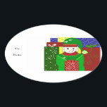 Sticker Ovale Jolly Christmas Elf<br><div class="desc">Un petit elfe mignon ou autrement connu comme père Noël aide. Vêtu d'un costume vert vif et d'un casquette. Un grand groupe de cadeaux festifs autour de lui. Customisez comme vous le souhaitez.</div>