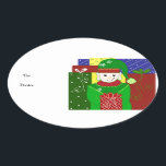 Sticker Ovale Jolly Christmas Elf<br><div class="desc">Un petit elfe mignon ou autrement connu comme père Noël aide. Vêtu d'un costume vert vif et d'un casquette. Un grand groupe de cadeaux festifs autour de lui. Customisez comme vous le souhaitez.</div>