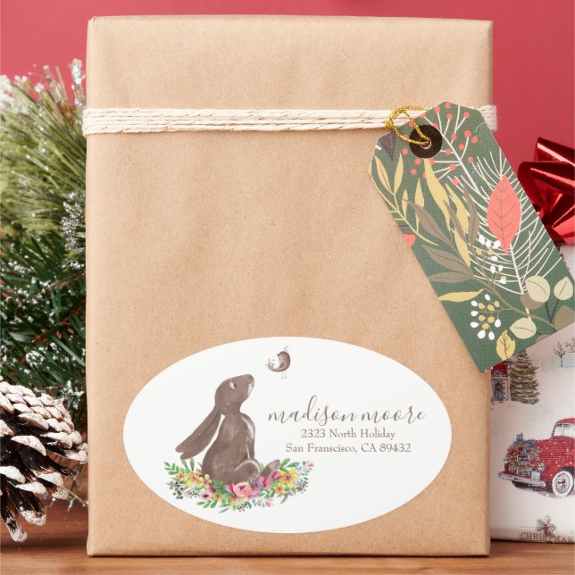 Sticker Ovale Jote Lapin Lapin Floral Adresse postale/retour (vacances)