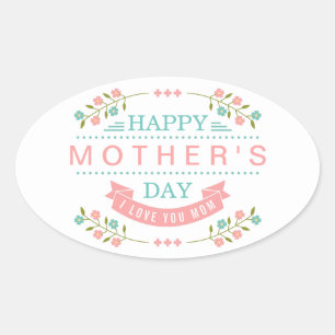 Sticker Ovale Joyeuse fête des mères - Turquoise florale rose