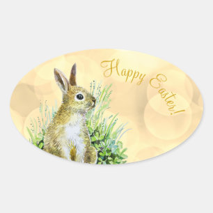 Sticker Ovale Joyeuse Pâques petite aquarelle lapin