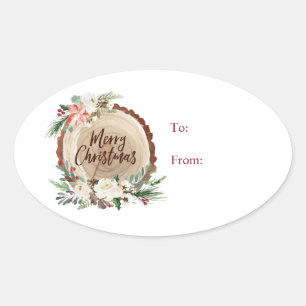 Sticker Ovale Joyeuse tranche d'arbre de Noël florale à/à l'a