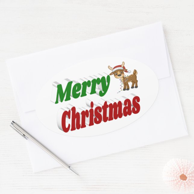 Sticker Ovale Joyeuse typographie de Christmas Reindeer (Enveloppe)