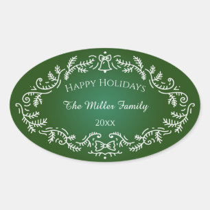 Sticker Ovale Joyeuses Fêtes Blanches Frame sur Vert
