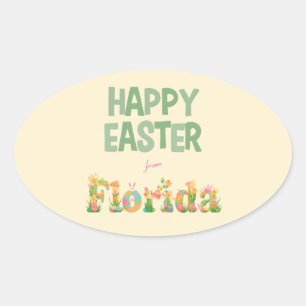 Sticker Ovale Joyeuses Pâques de Fleurs Pastel de Floride