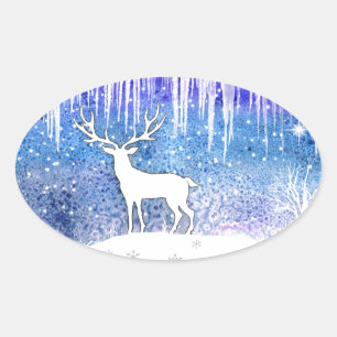 Sticker Ovale Joyeuses Vacances Scène de Cerfs