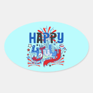Sticker Ovale Joyeux 14 juillet Feu d'artifice USA-63261