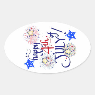 Sticker Ovale Joyeux 4 juillet ! avec feux d'artifice et étoiles