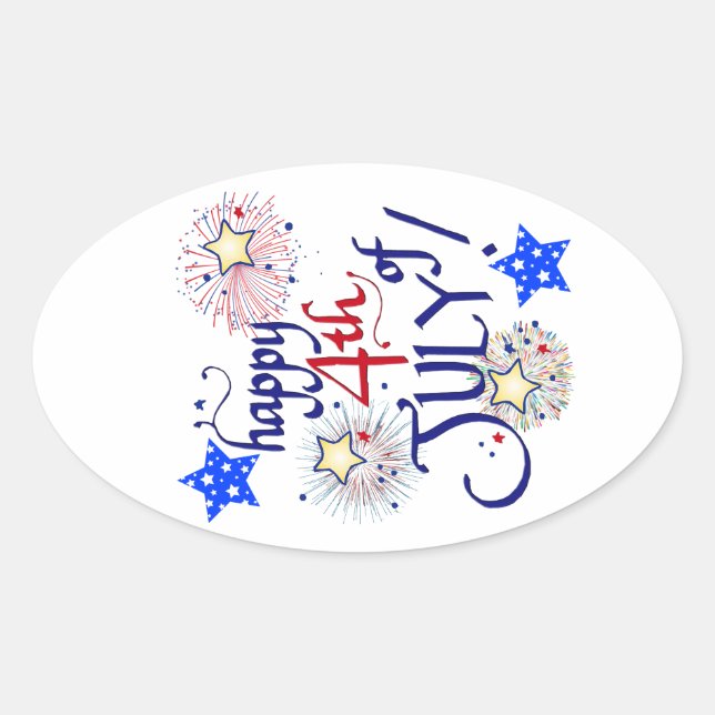 Sticker Ovale Joyeux 4 juillet ! avec feux d'artifice et étoiles (Devant)