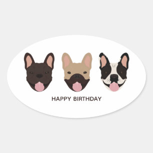 Sticker Ovale Joyeux Bulldogs français d'anniversaire souriant