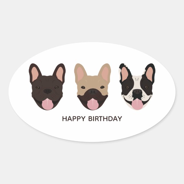 Sticker Ovale Joyeux Bulldogs français d'anniversaire souriant (Devant)