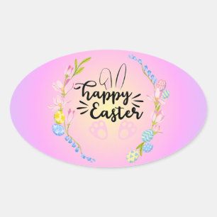 Sticker Ovale Joyeux Bunny de Pâques Outline Joli Pastel