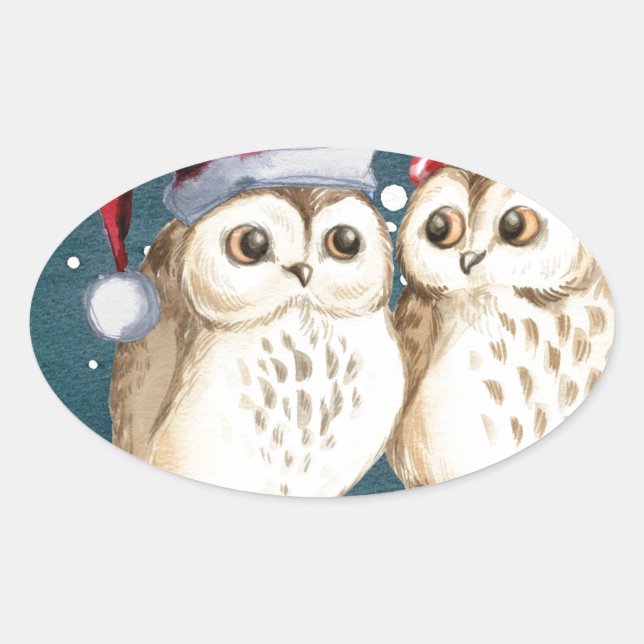 Sticker Ovale Joyeux Chouettes de Noël (Devant)