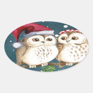 Sticker Ovale Joyeux Chouettes de Noël