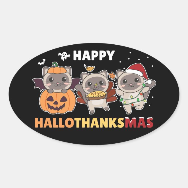 Sticker Ovale Joyeux Hallothanksmas Chat Noël Elephant Classi (Devant)