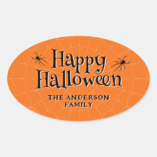Sticker Ovale Joyeux Halloween Spider Cobweb Orange