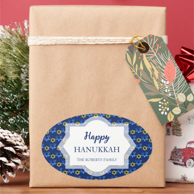 Sticker Ovale Joyeux Hanukkah Aquarelle Étoiles de David (vacances)