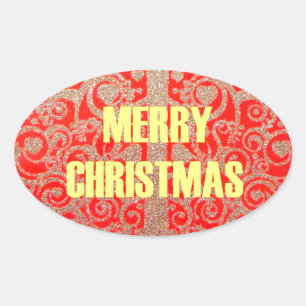 Sticker Ovale Joyeux Noël Golden Red Parties scintillant Hearts 