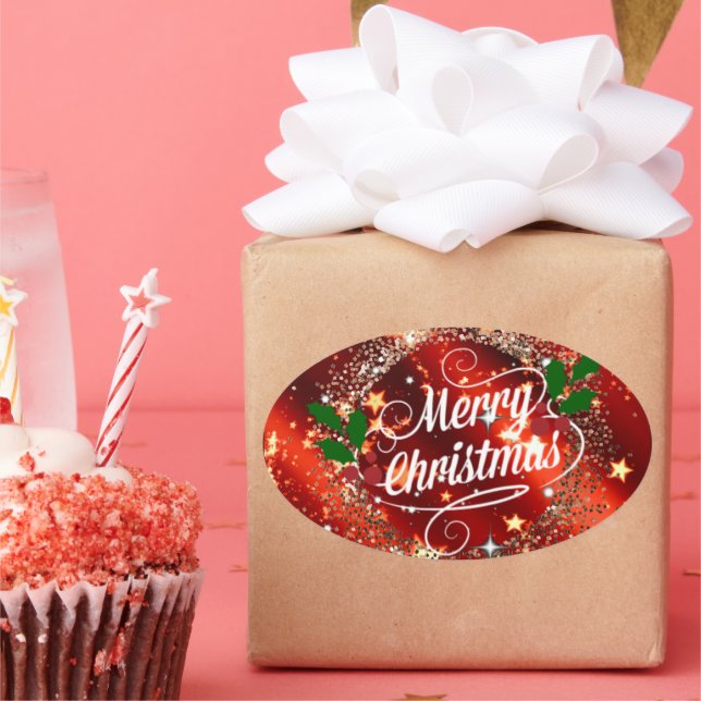 Sticker Ovale Joyeux Noël, Parkling Red et Gold Design (Fête)