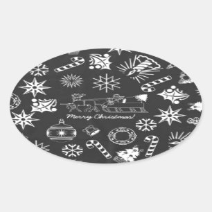 Sticker Ovale Joyeux Noël Père Noël Symboles, noir et blanc