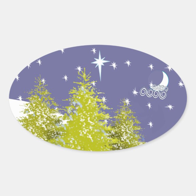 Sticker Ovale Joyeux Noël Pines Lune et étoiles (Devant)