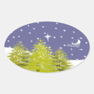 Sticker Ovale Joyeux Noël Pines Lune et étoiles